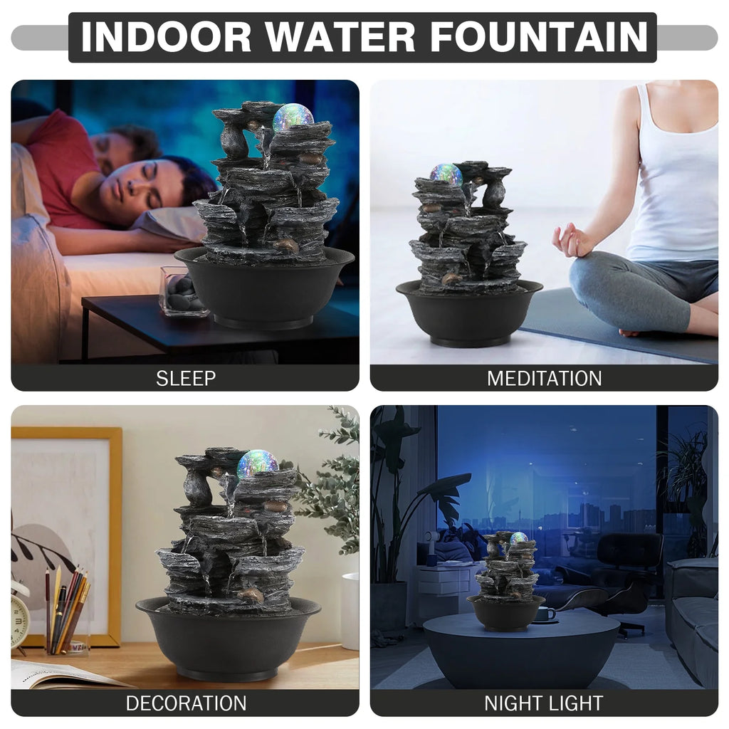 Stunning 10.2" Indoor Tabletop Water Fountain with 3-Tier Waterfalls, Rolling Ball & Colorful Lights