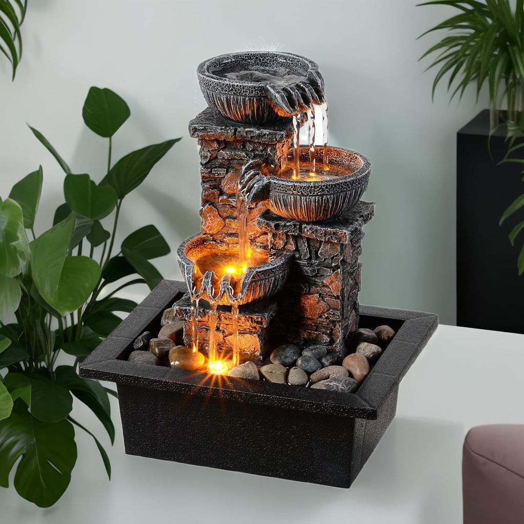3-Bowl Tabletop Water Fountain with LED Light - Tranquil Indoor Decor for Home and Office Relaxation