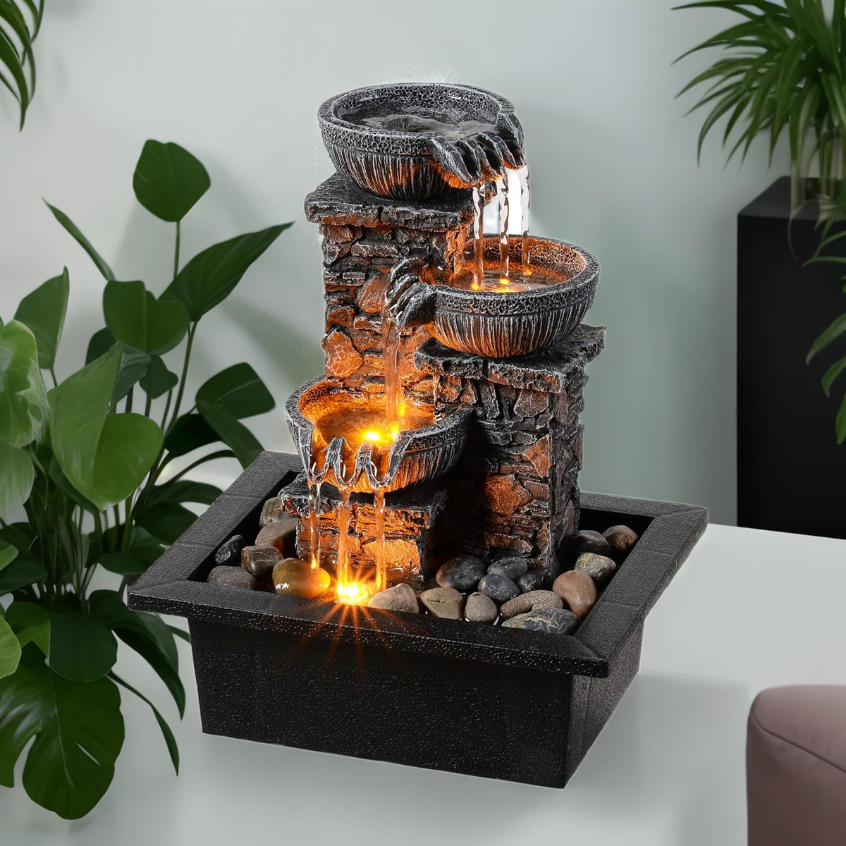3-Bowl Tabletop Water Fountain with LED Light - Tranquil Indoor Decor for Home and Office Relaxation
