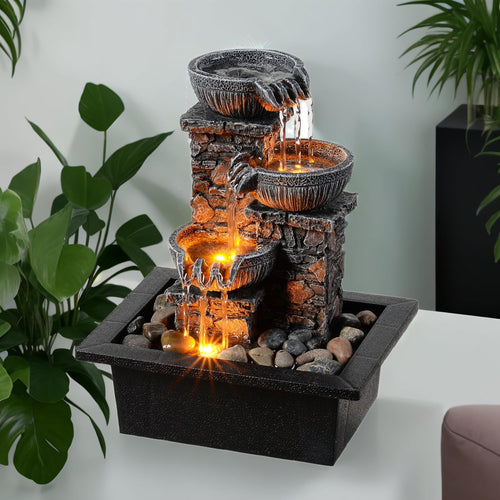 3-Bowl Tabletop Water Fountain with LED Light - Tranquil Indoor Decor for Home and Office Relaxation