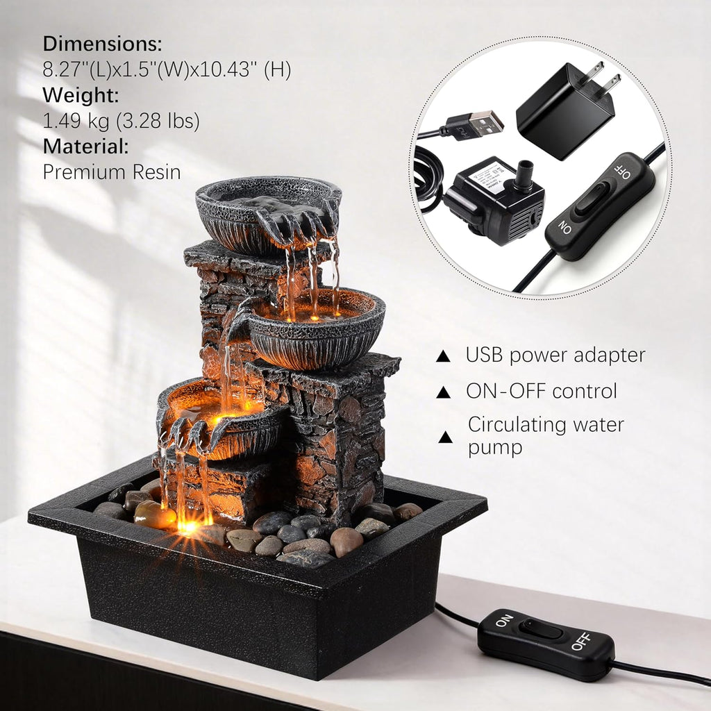 3-Bowl Tabletop Water Fountain with LED Light - Tranquil Indoor Decor for Home and Office Relaxation