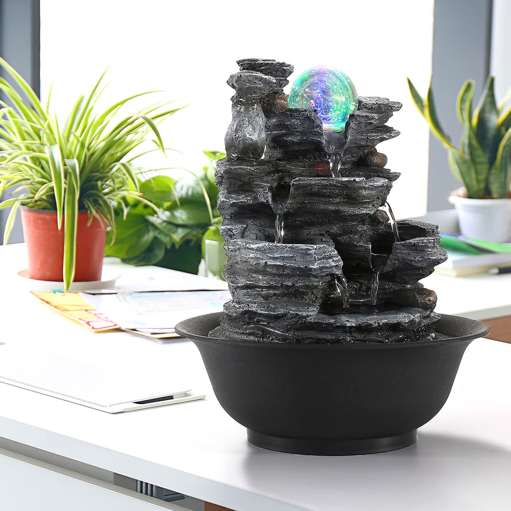 Stunning 10.2" Indoor Tabletop Water Fountain with 3-Tier Waterfalls, Rolling Ball & Colorful Lights