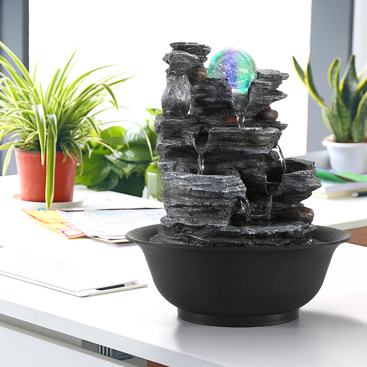 Stunning 10.2" Indoor Tabletop Water Fountain with 3-Tier Waterfalls, Rolling Ball & Colorful Lights