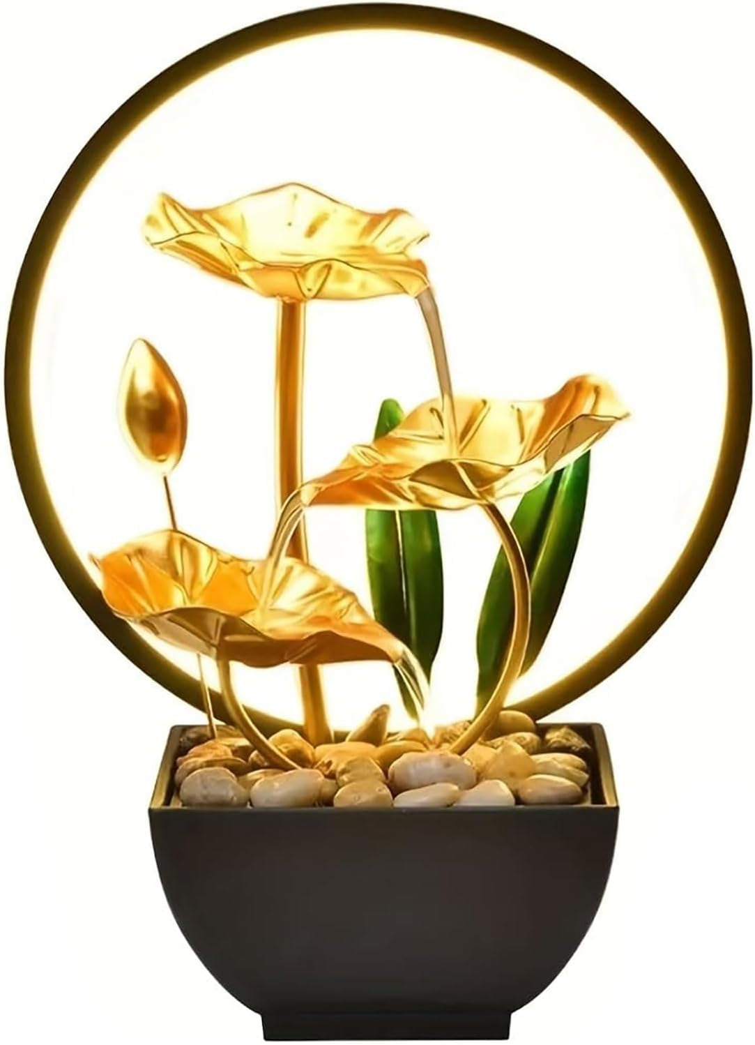 Zen Lotus Tabletop Water Fountain with LED Light – 11-Inch Gold Indoor Waterfall with USB Power & Replacement Pump