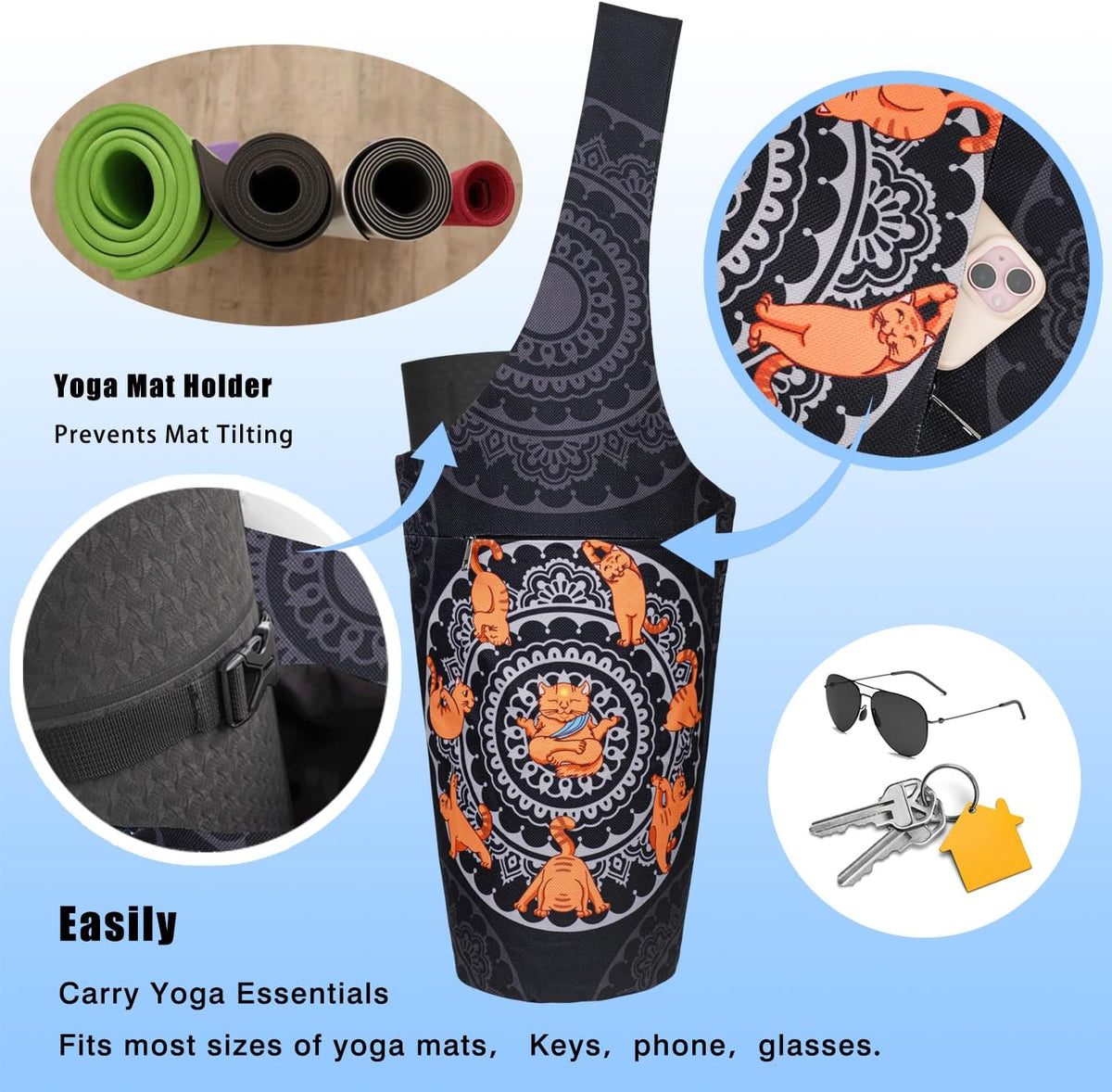 Premium Large Yoga Mat Tote Bag - Stylish Carrier with Waterproof Zipper Pocket & Adjustable Water Bottle Holder - Fits Most Yoga Mats