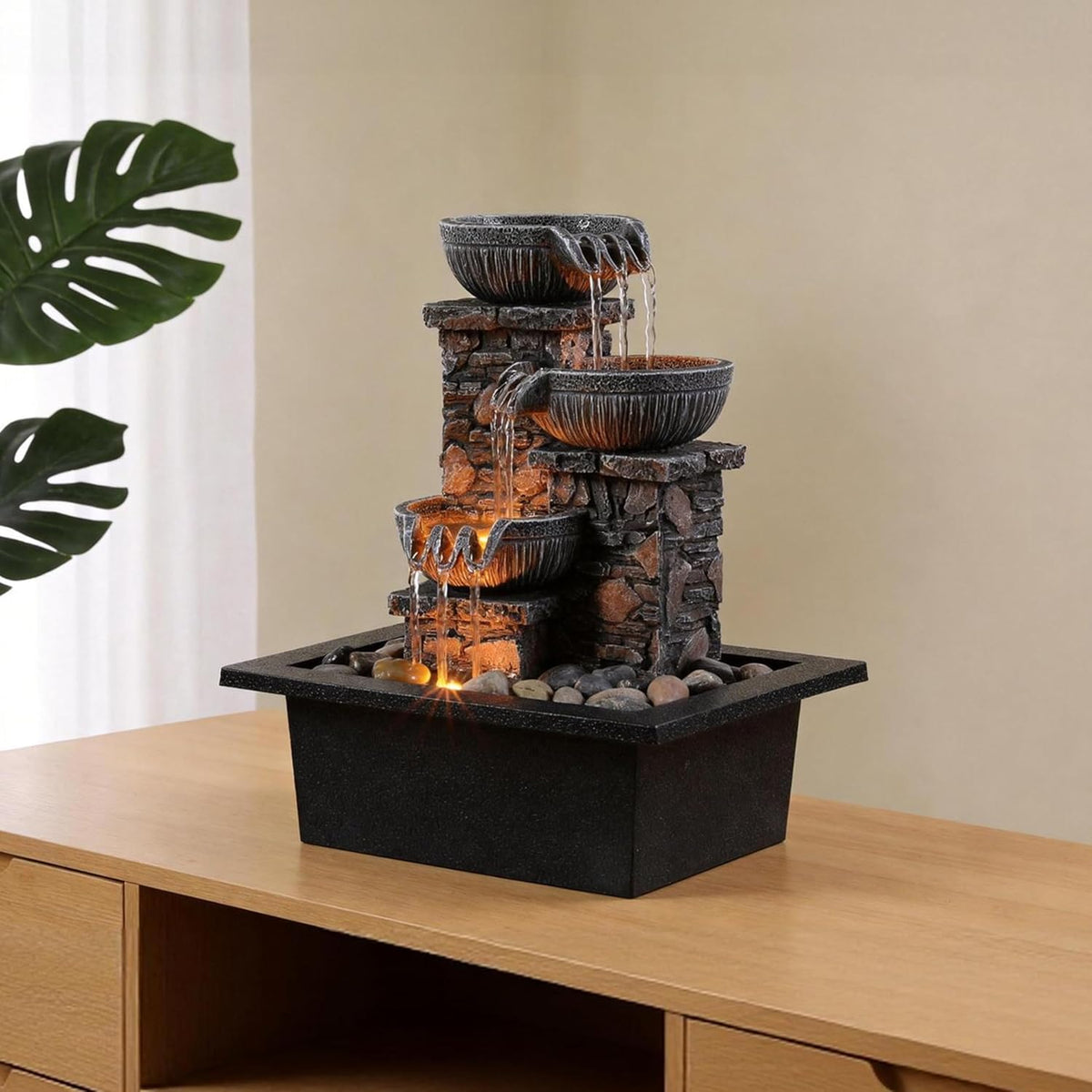 3-Bowl Tabletop Water Fountain with LED Light - Tranquil Indoor Decor for Home and Office Relaxation