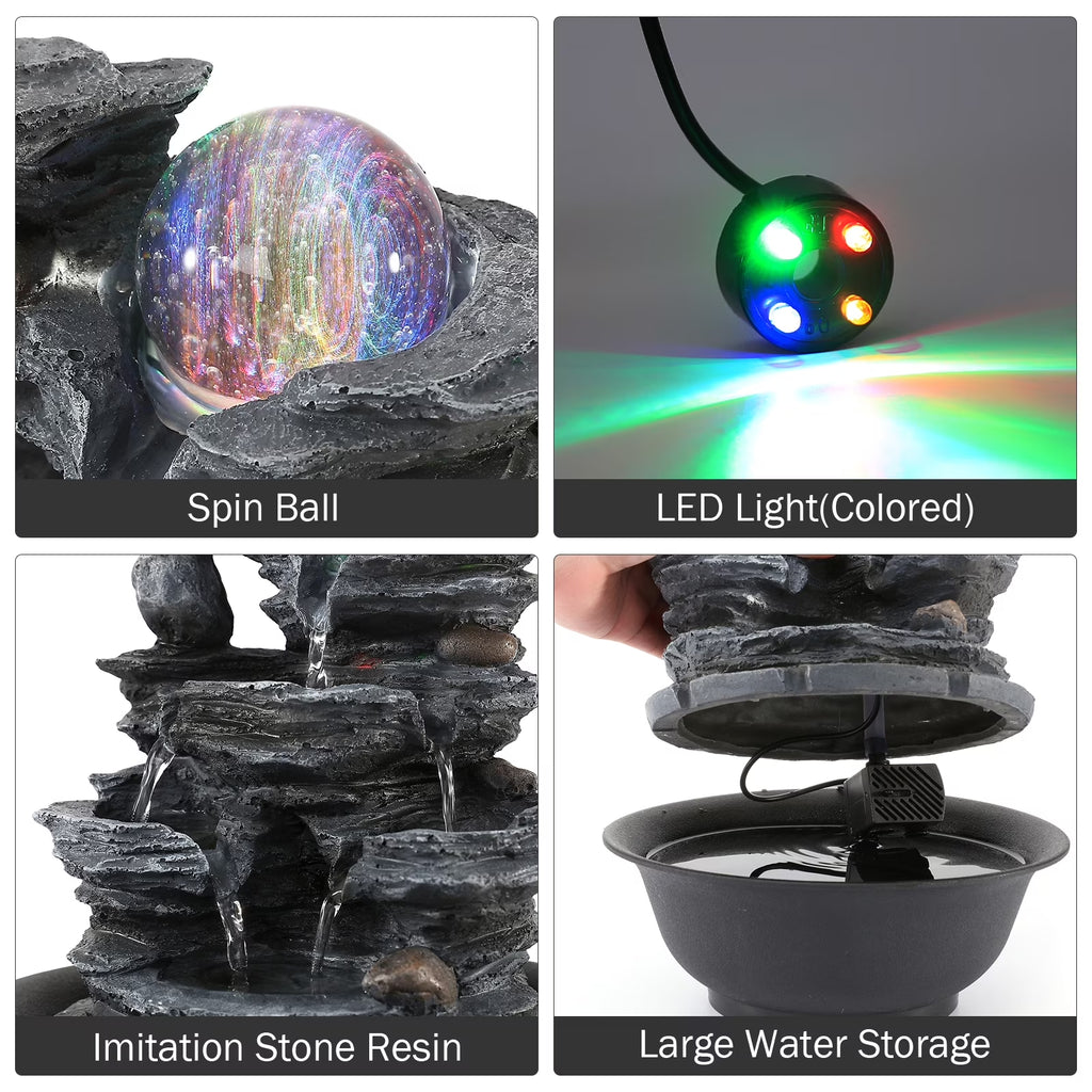 Stunning 10.2" Indoor Tabletop Water Fountain with 3-Tier Waterfalls, Rolling Ball & Colorful Lights