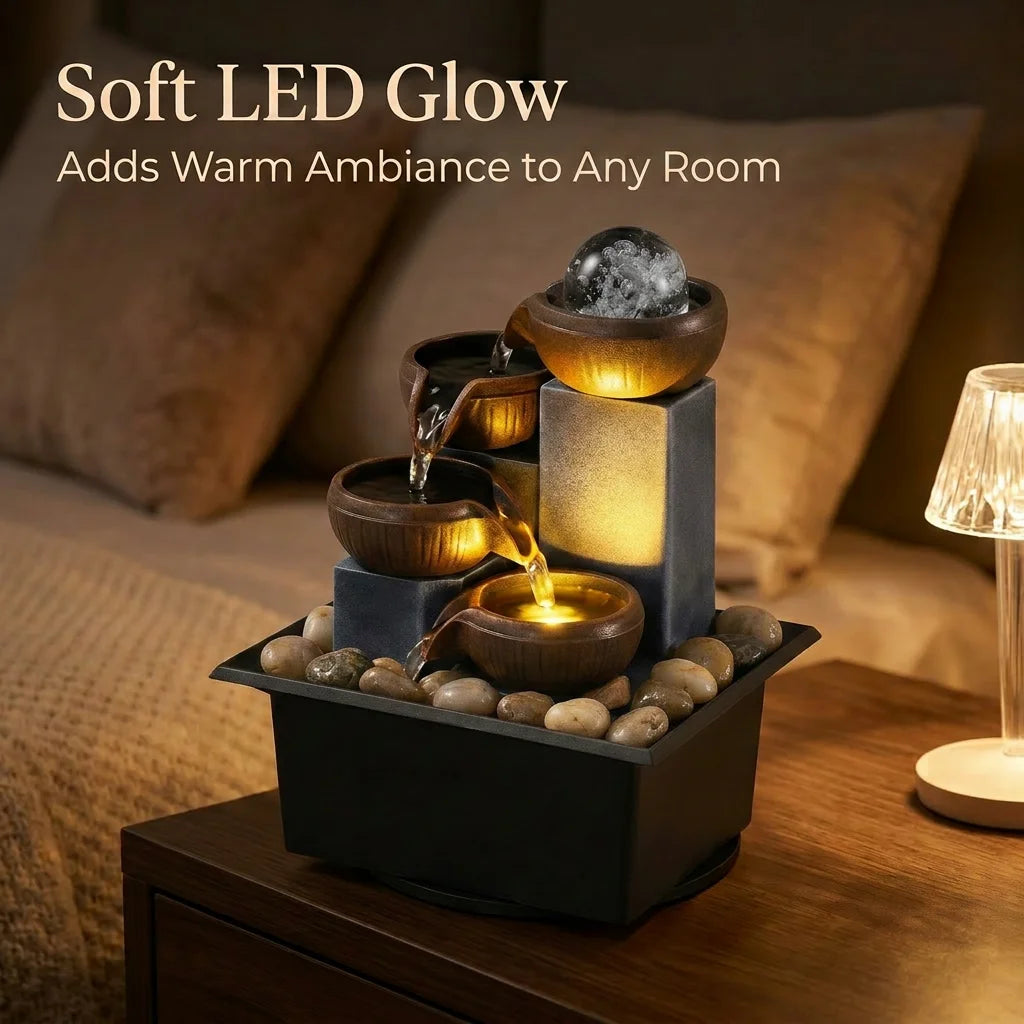 Elegant Desktop Fountain with LED Lights - Indoor Tabletop Waterfall in Brown