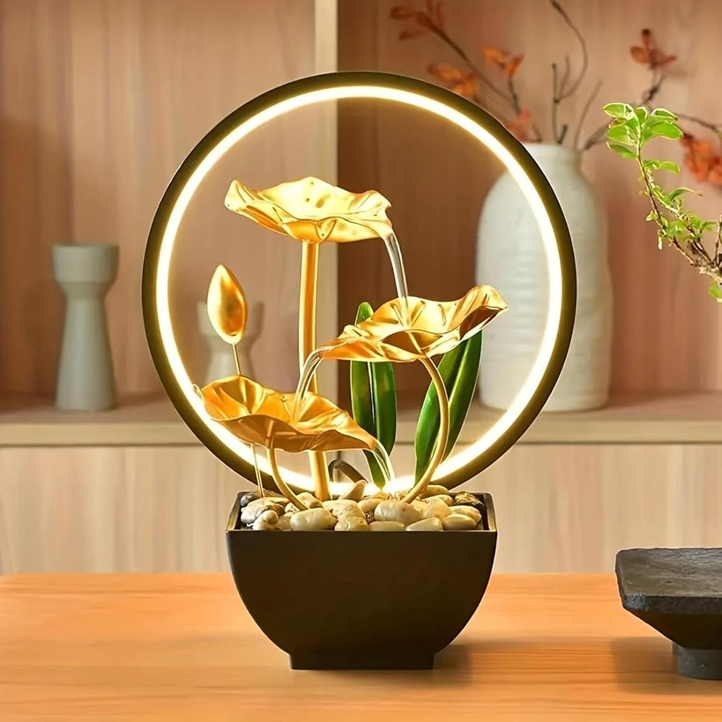 Zen Lotus Tabletop Water Fountain with LED Light – 11-Inch Gold Indoor Waterfall with USB Power & Replacement Pump