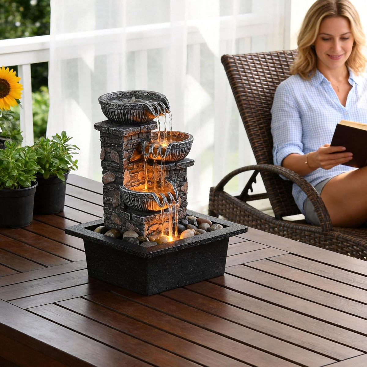 3-Bowl Tabletop Water Fountain with LED Light - Tranquil Indoor Decor for Home and Office Relaxation