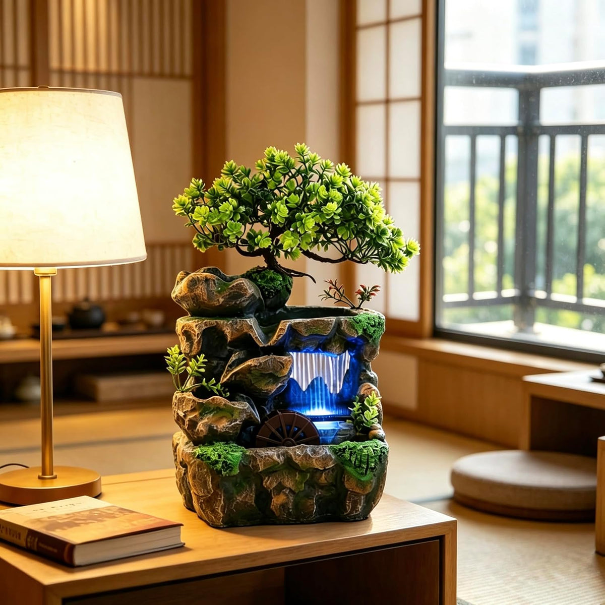 Stunning 11.81" Rockery Tabletop Fountain with Bonsai Decor - Indoor Waterfall for Tranquil Ambiance