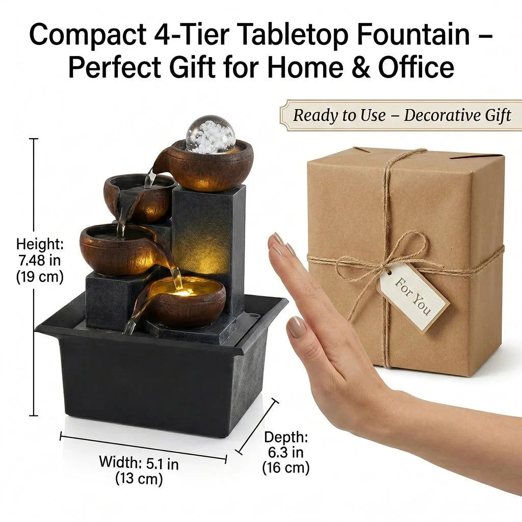 Elegant Desktop Fountain with LED Lights - Indoor Tabletop Waterfall in Brown
