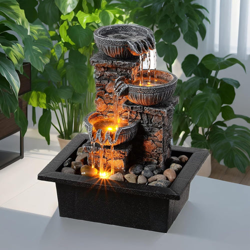 3-Bowl Tabletop Water Fountain with LED Light - Tranquil Indoor Decor for Home and Office Relaxation