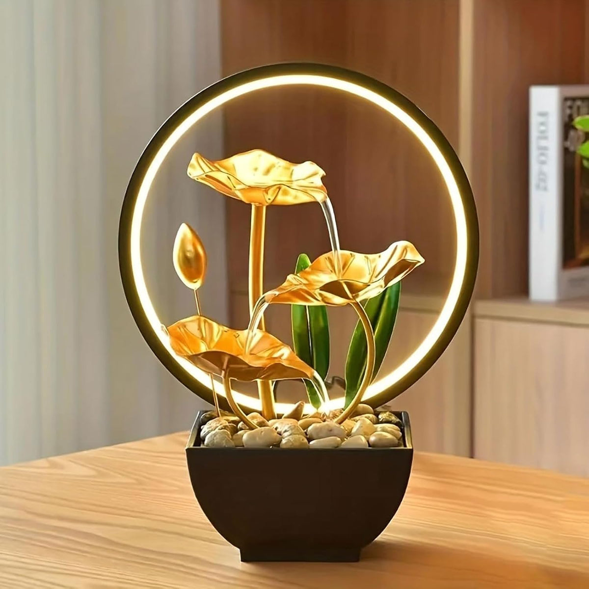 Zen Lotus Tabletop Water Fountain with LED Light – 11-Inch Gold Indoor Waterfall with USB Power & Replacement Pump