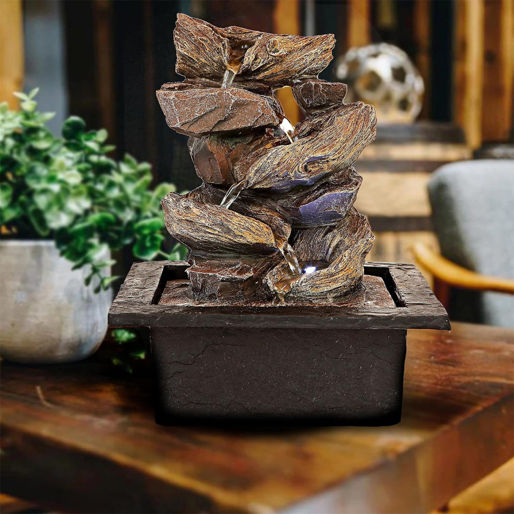 Father'Sden 11-Inch Indoor Waterfall Fountain - Relaxing Tabletop Water Feature with LED Light & Soothing Sounds