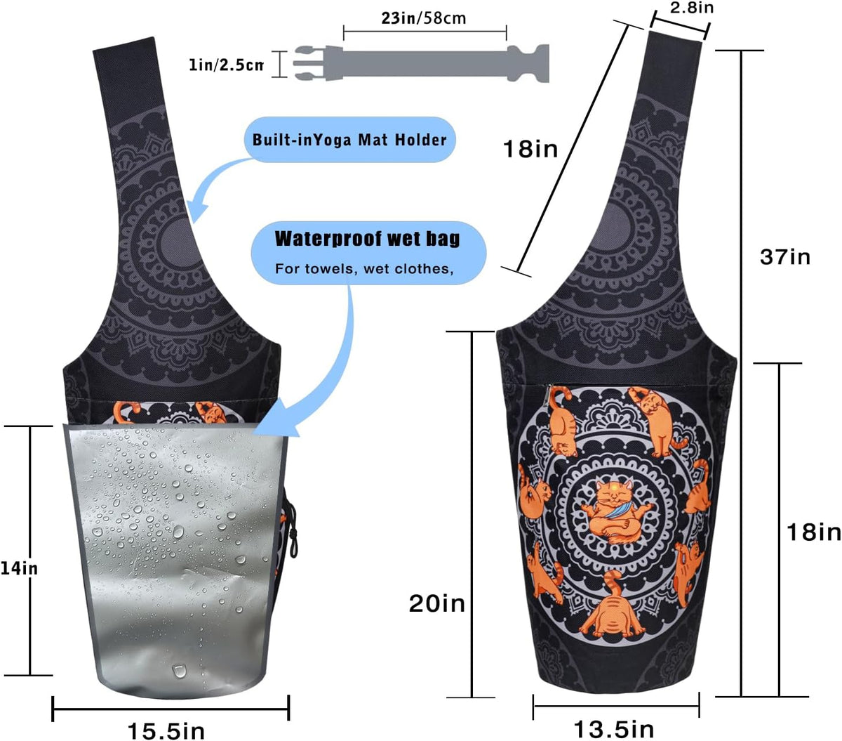 Premium Large Yoga Mat Tote Bag - Stylish Carrier with Waterproof Zipper Pocket & Adjustable Water Bottle Holder - Fits Most Yoga Mats