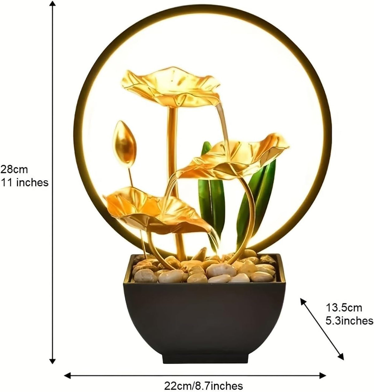 Zen Lotus Tabletop Water Fountain with LED Light – 11-Inch Gold Indoor Waterfall with USB Power & Replacement Pump