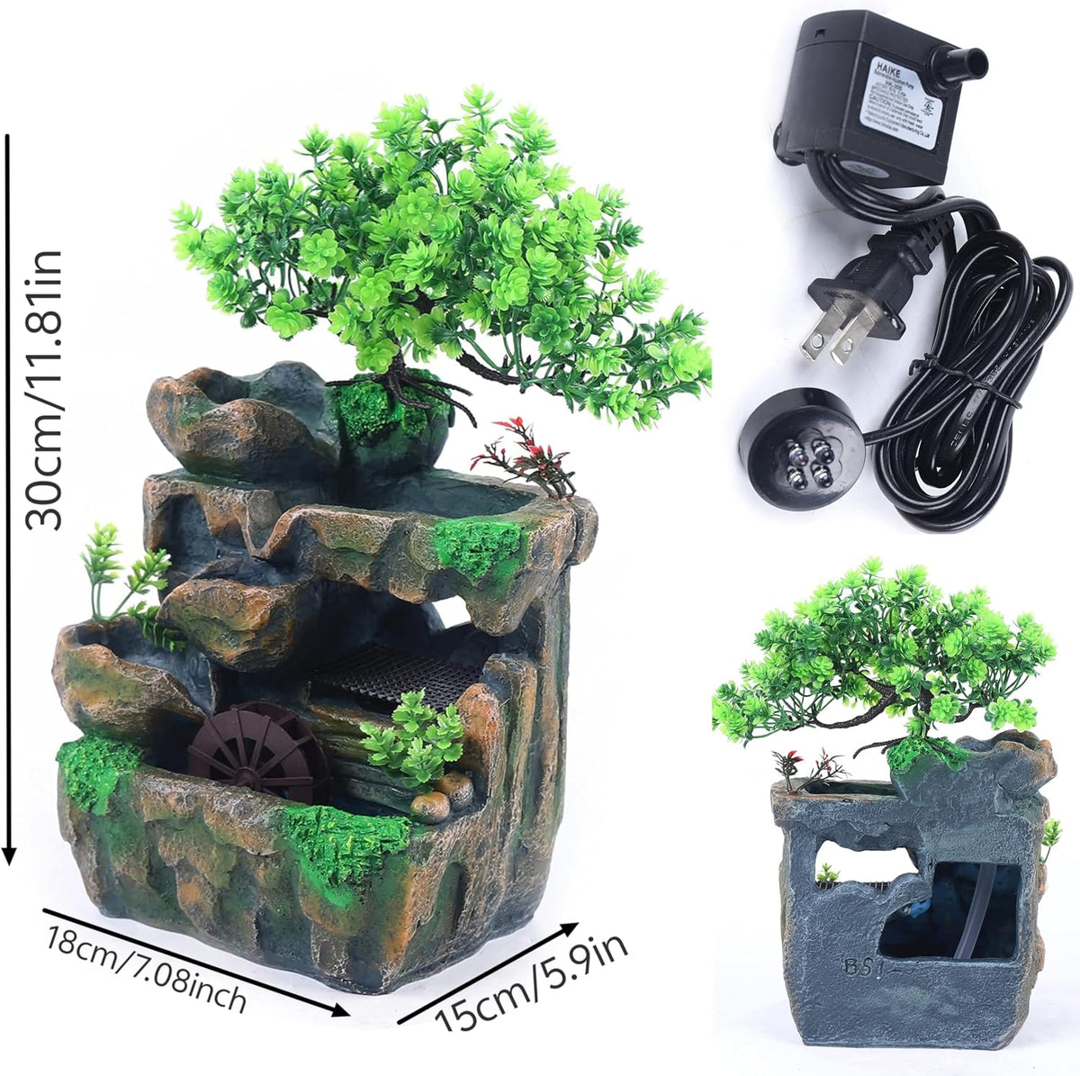 Stunning 11.81" Rockery Tabletop Fountain with Bonsai Decor - Indoor Waterfall for Tranquil Ambiance