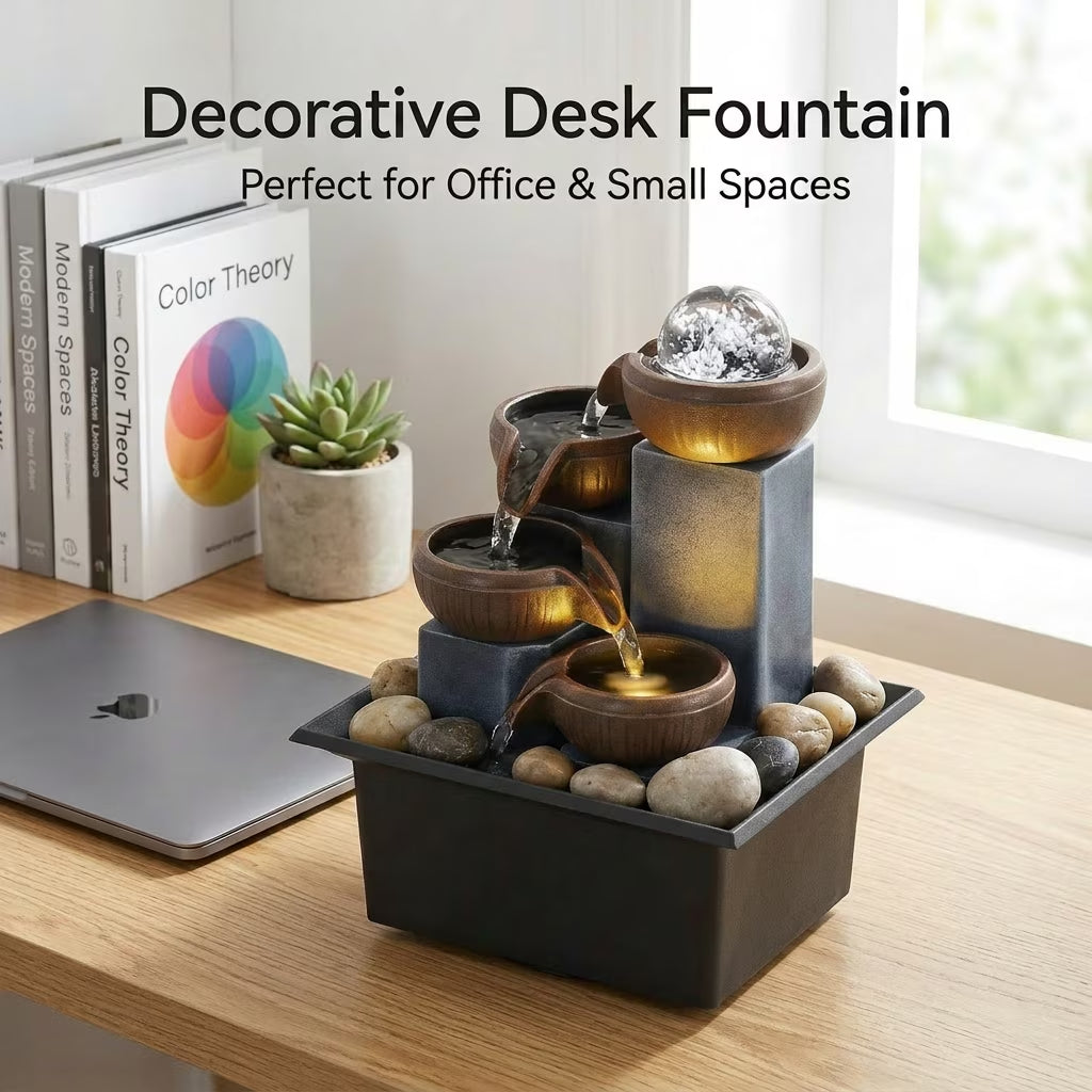 Elegant Desktop Fountain with LED Lights - Indoor Tabletop Waterfall in Brown