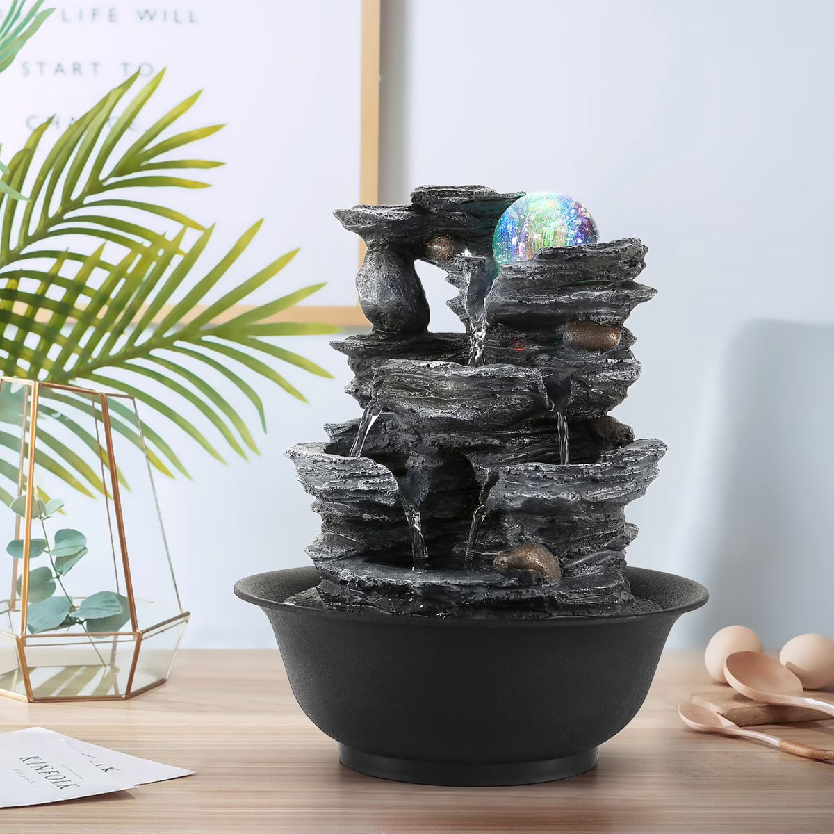 Stunning 10.2" Indoor Tabletop Water Fountain with 3-Tier Waterfalls, Rolling Ball & Colorful Lights