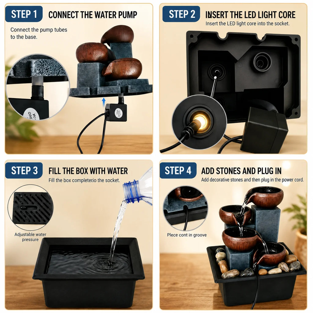 Elegant Desktop Fountain with LED Lights - Indoor Tabletop Waterfall in Brown
