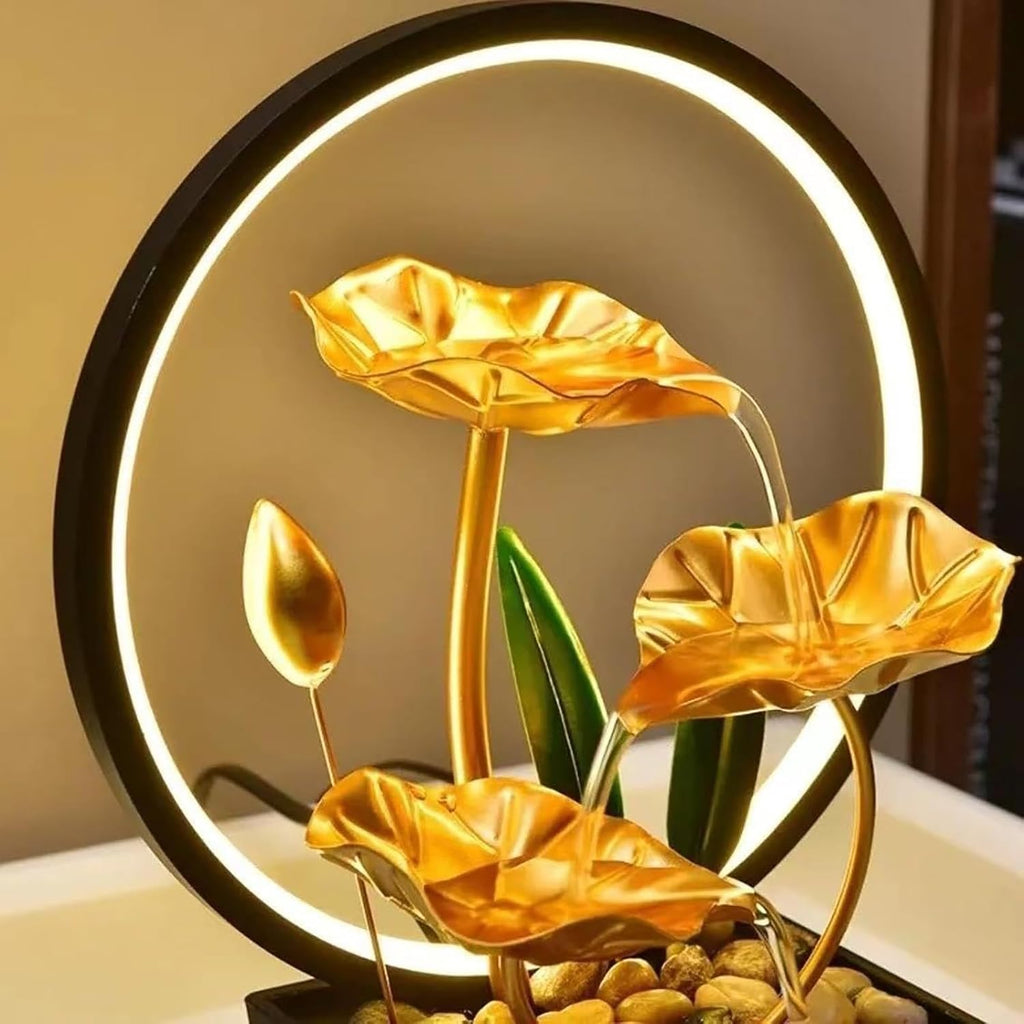 Zen Lotus Tabletop Water Fountain with LED Light – 11-Inch Gold Indoor Waterfall with USB Power & Replacement Pump