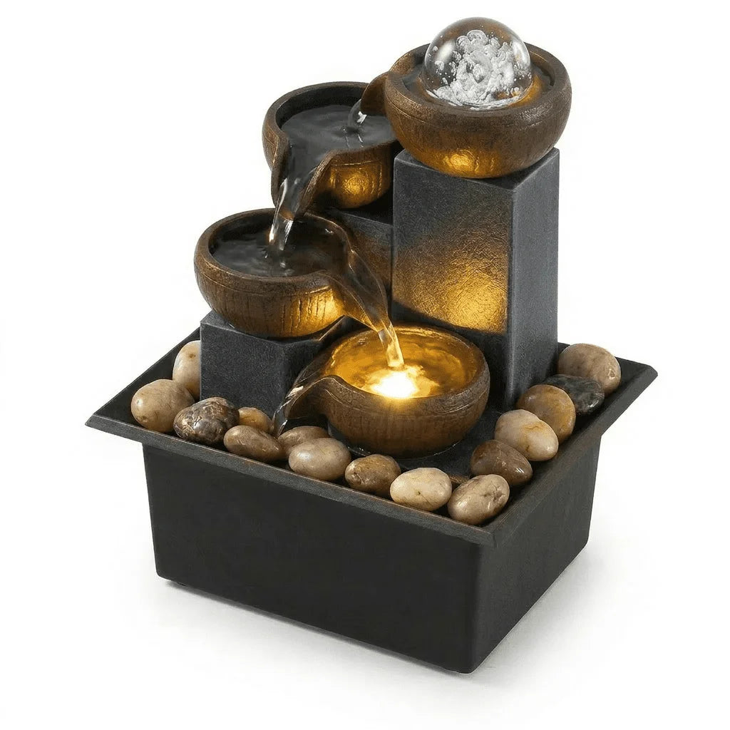Elegant Desktop Fountain with LED Lights - Indoor Tabletop Waterfall in Brown