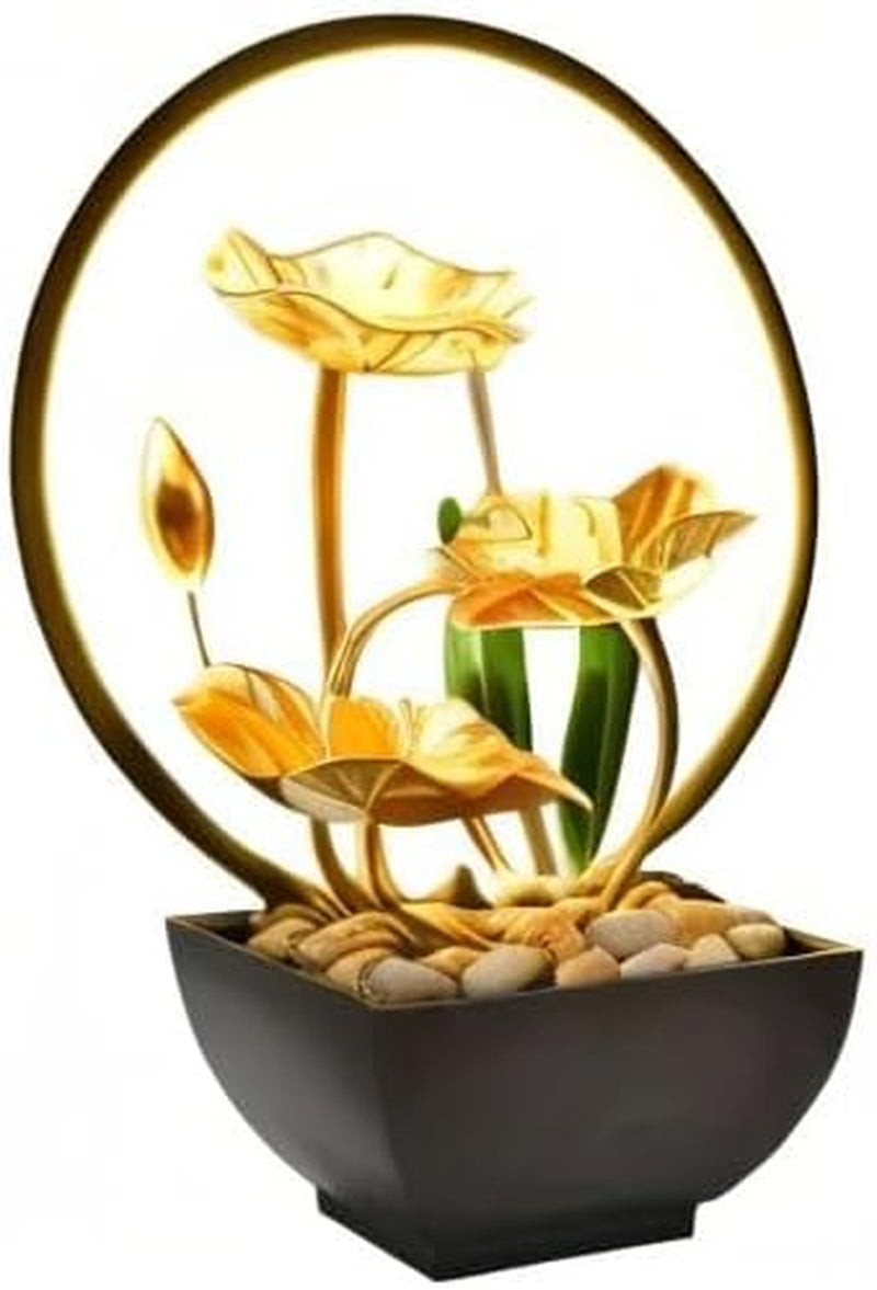 Zen Lotus Tabletop Water Fountain with LED Light – 11-Inch Gold Indoor Waterfall with USB Power & Replacement Pump