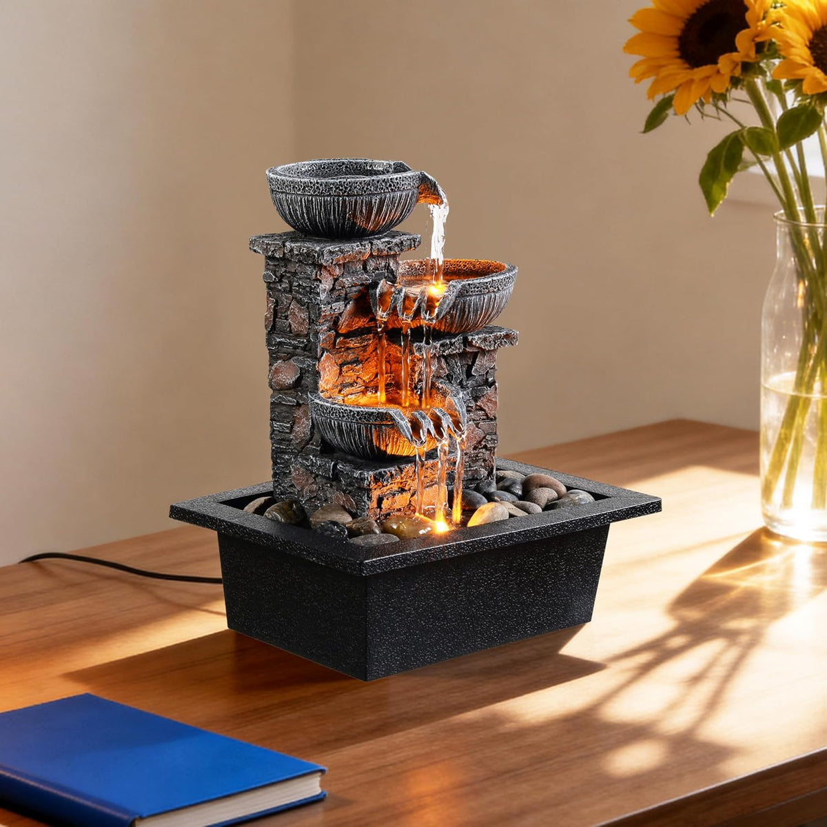 3-Bowl Tabletop Water Fountain with LED Light - Tranquil Indoor Decor for Home and Office Relaxation