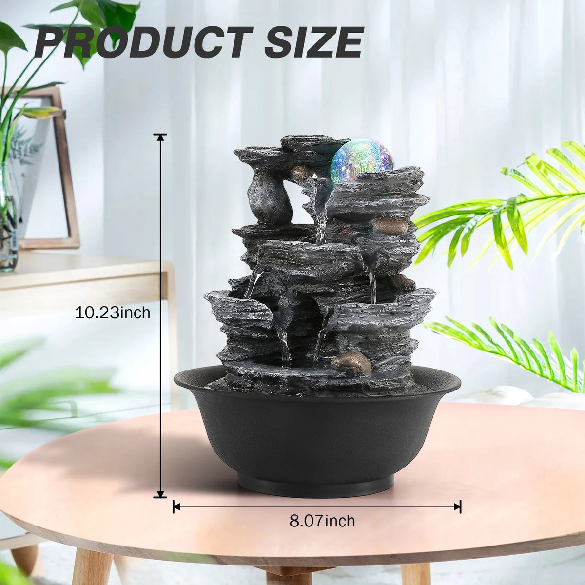 Stunning 10.2" Indoor Tabletop Water Fountain with 3-Tier Waterfalls, Rolling Ball & Colorful Lights