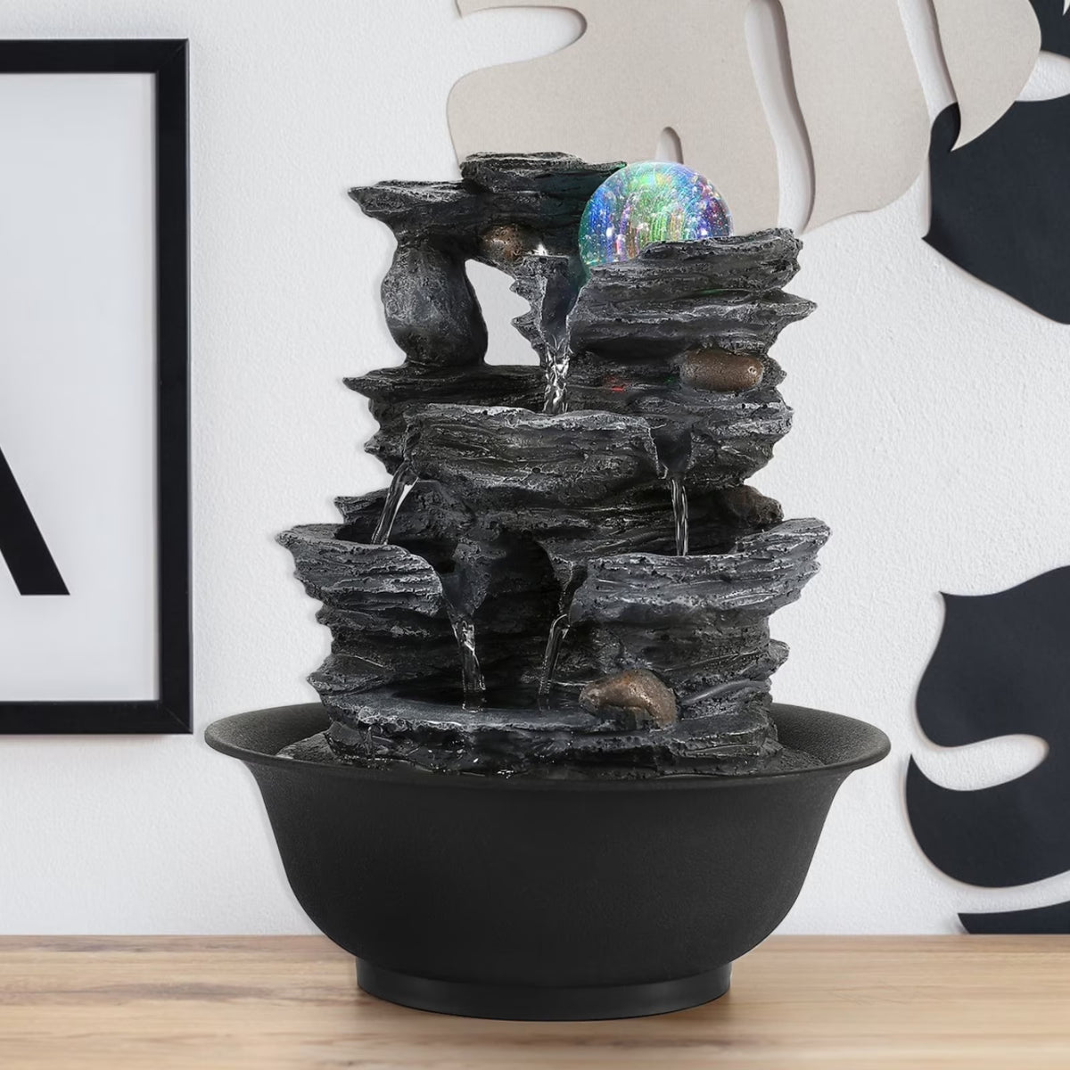 Stunning 10.2" Indoor Tabletop Water Fountain with 3-Tier Waterfalls, Rolling Ball & Colorful Lights