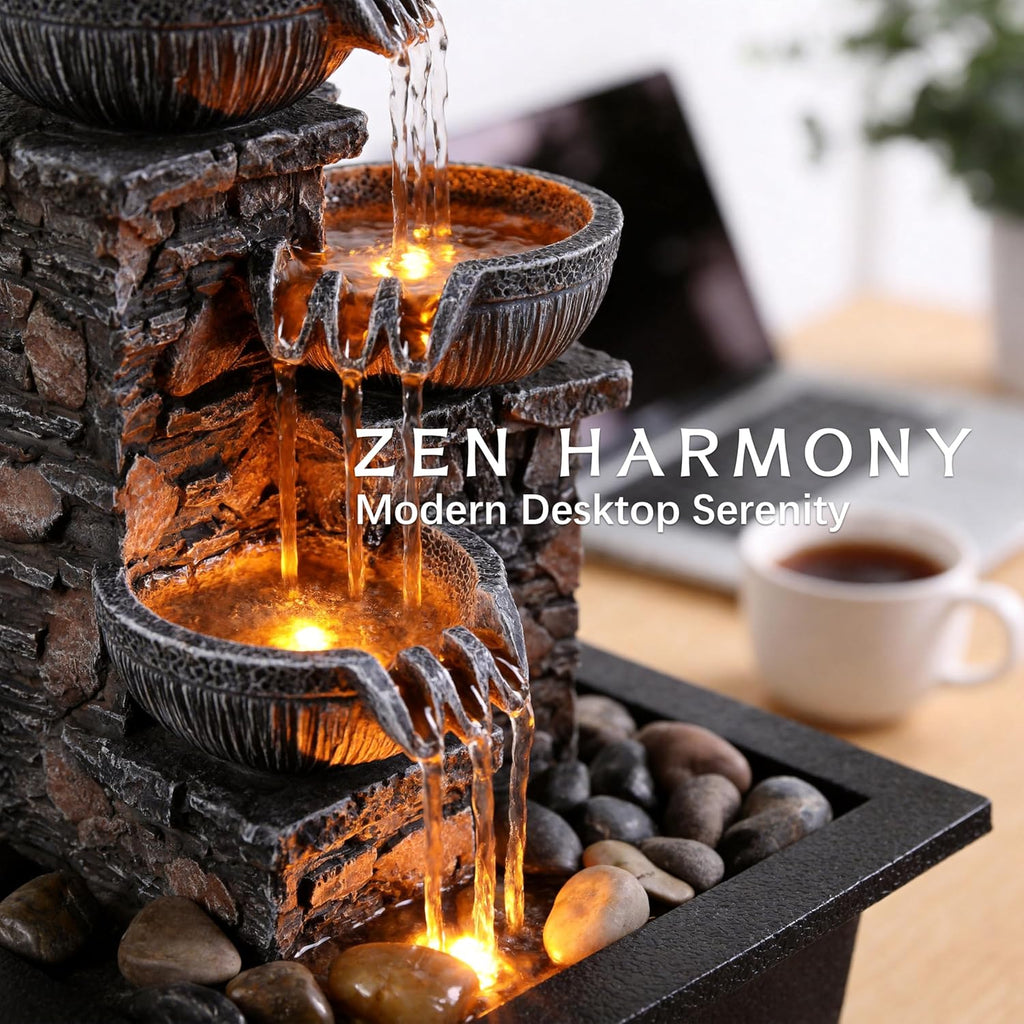 3-Bowl Tabletop Water Fountain with LED Light - Tranquil Indoor Decor for Home and Office Relaxation