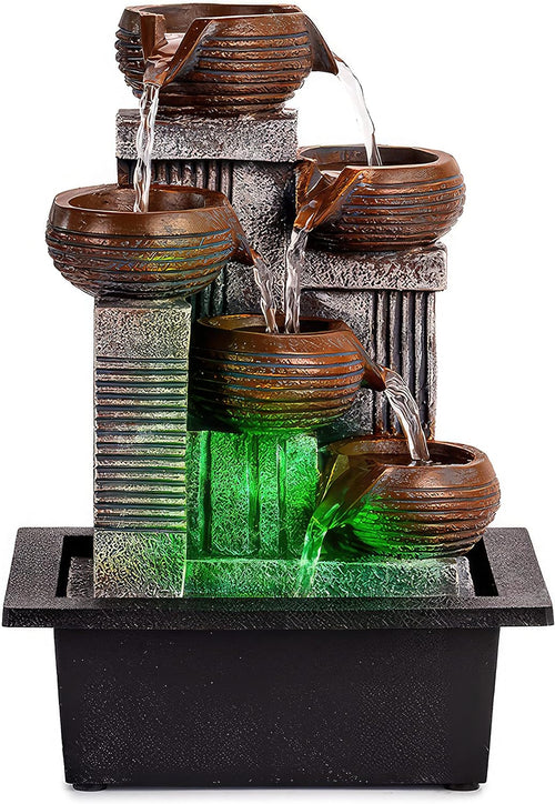 5-Tiered Indoor Tabletop Water Fountain - 12" Zen Desk Fountain with Calming Waterfall Sounds and Colorful Lights - Perfect Office Decor by