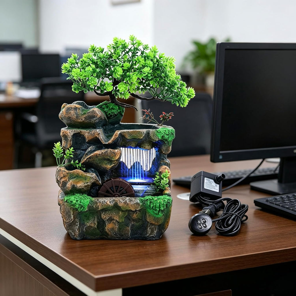 Stunning 11.81" Rockery Tabletop Fountain with Bonsai Decor - Indoor Waterfall for Tranquil Ambiance