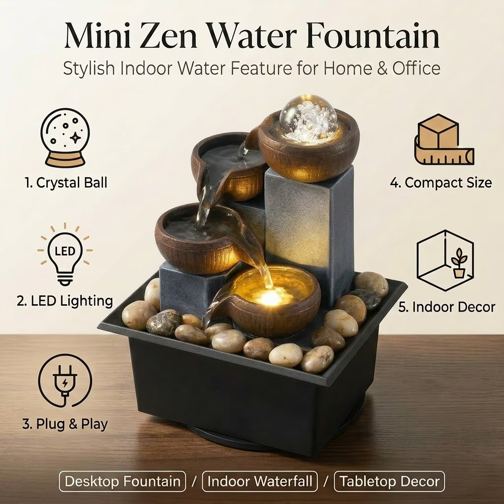 Elegant Desktop Fountain with LED Lights - Indoor Tabletop Waterfall in Brown