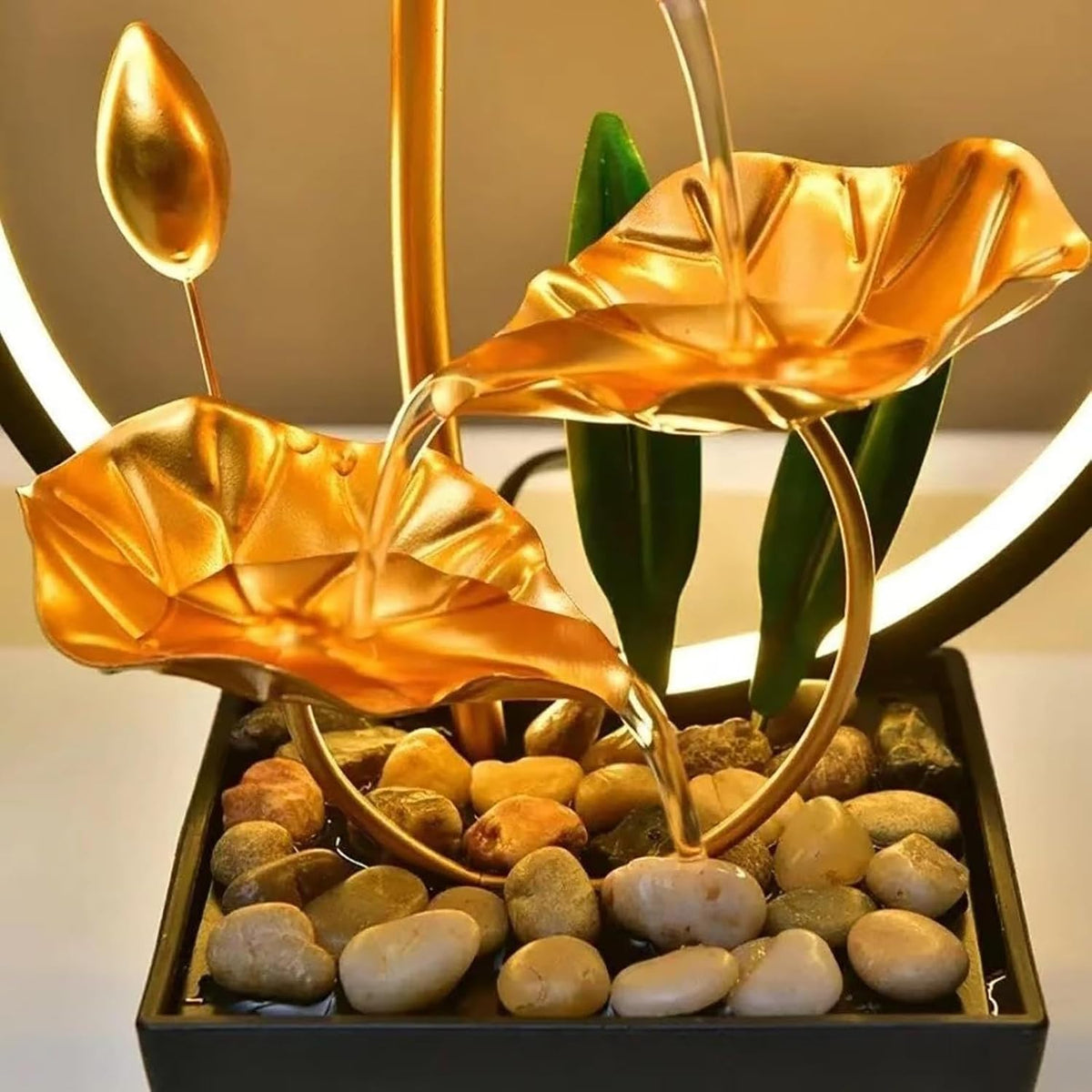 Zen Lotus Tabletop Water Fountain with LED Light – 11-Inch Gold Indoor Waterfall with USB Power & Replacement Pump