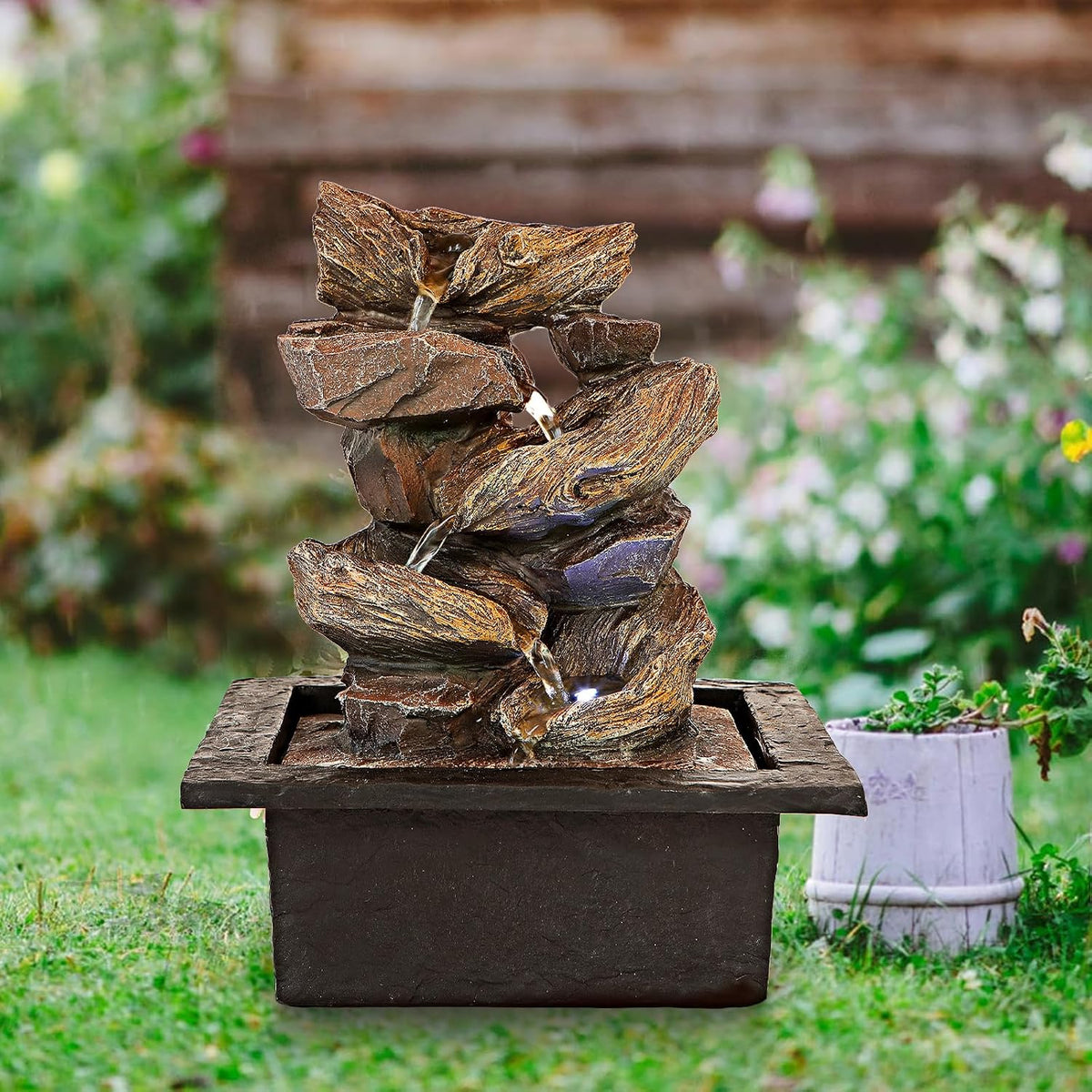 Father'Sden 11-Inch Indoor Waterfall Fountain - Relaxing Tabletop Water Feature with LED Light & Soothing Sounds
